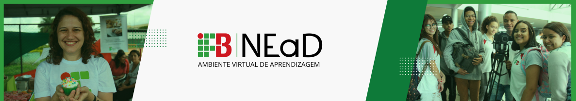 Mulher com camiseta do IFB segurando um cupcake, a logo do NEaD ao centro e um grupo de alunos com equipamentos de gravação