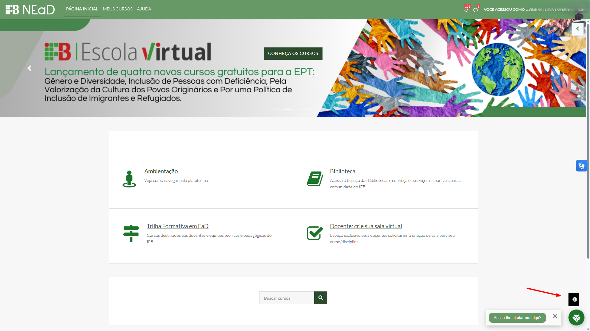 Destaque para o ícone de acessibilidade do NEaD, que fica no canto inferior direito.